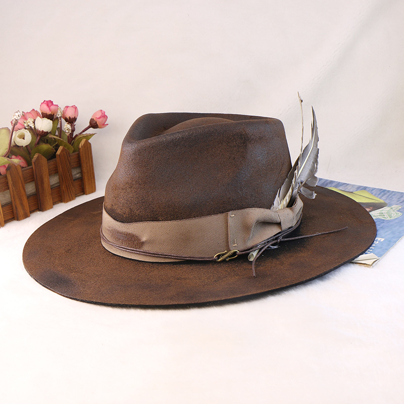 Wool Wide-brimmed Denim Distressed Vintage Jazz Top Hat photo 1
