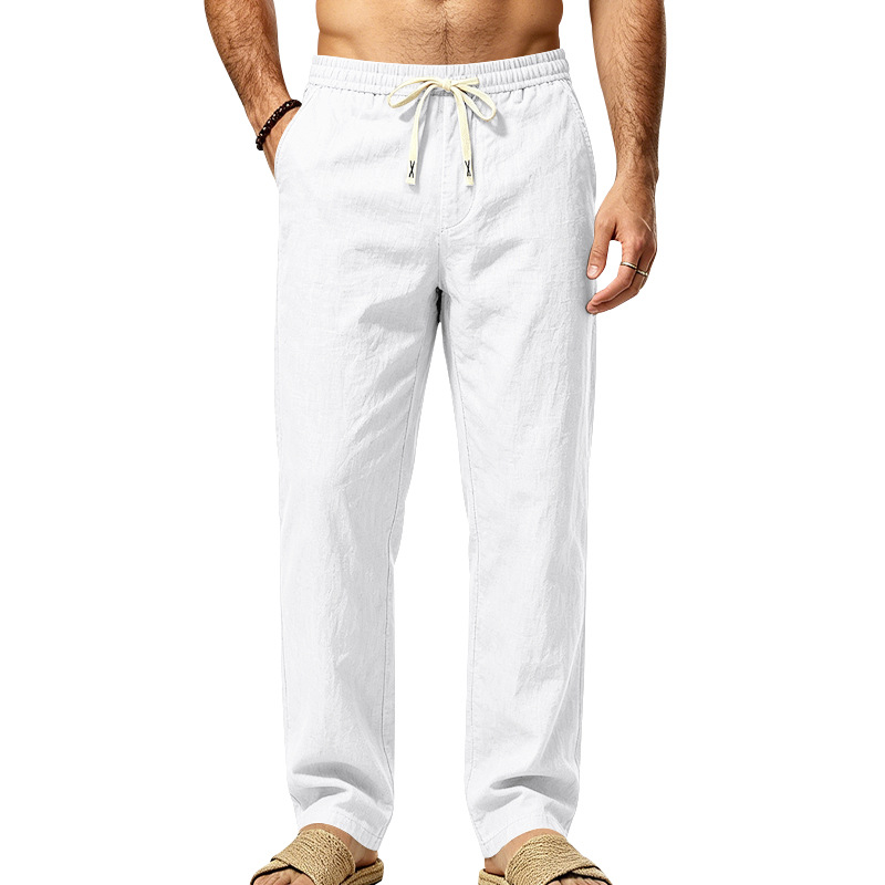 Mens Straight Leg Solid Color Casual Linen Pants With Drawstring And Elastic Waist photo 2