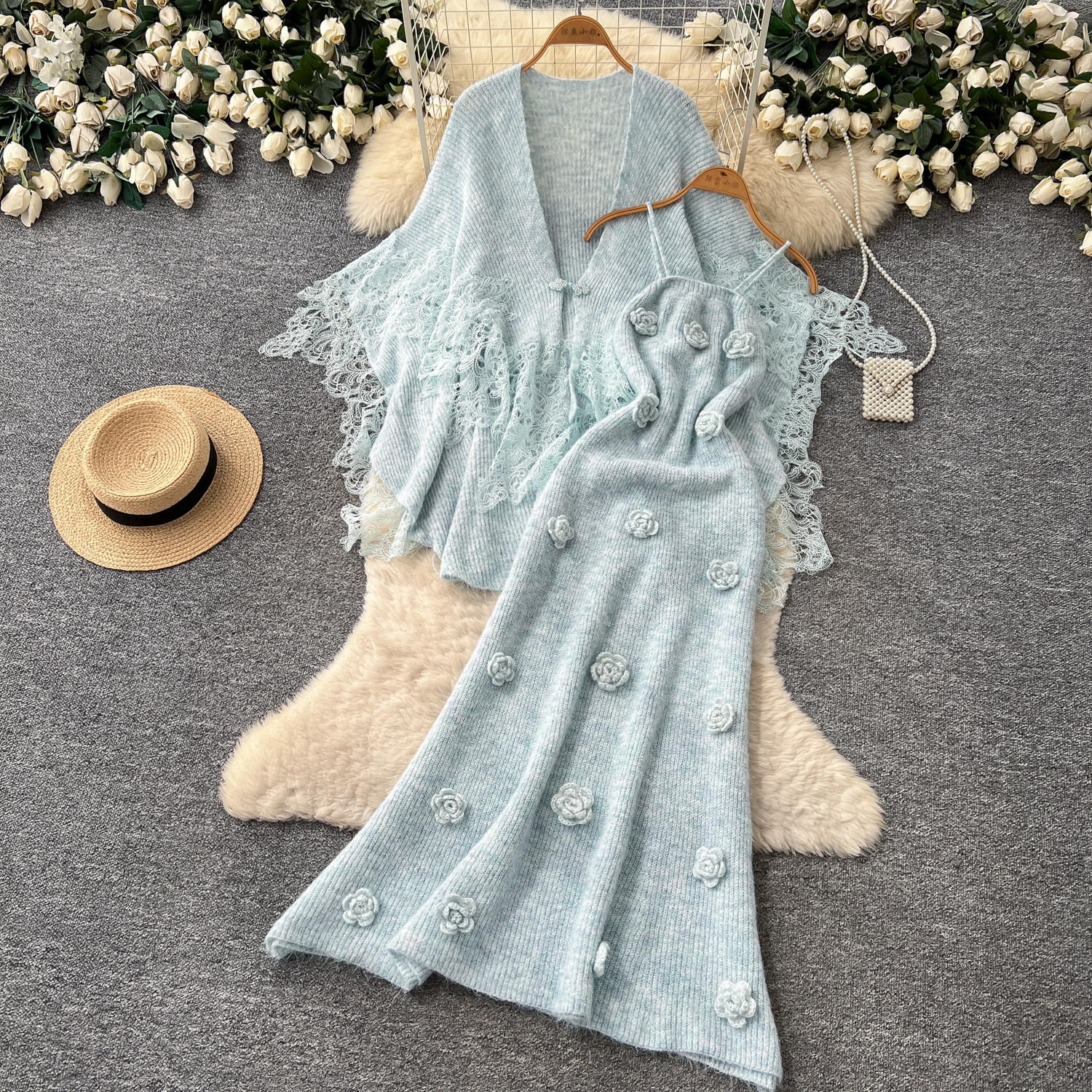 Lace-panel Cardigan And Camisole Dress Set With Three-dimensional Floral Accents photo 7