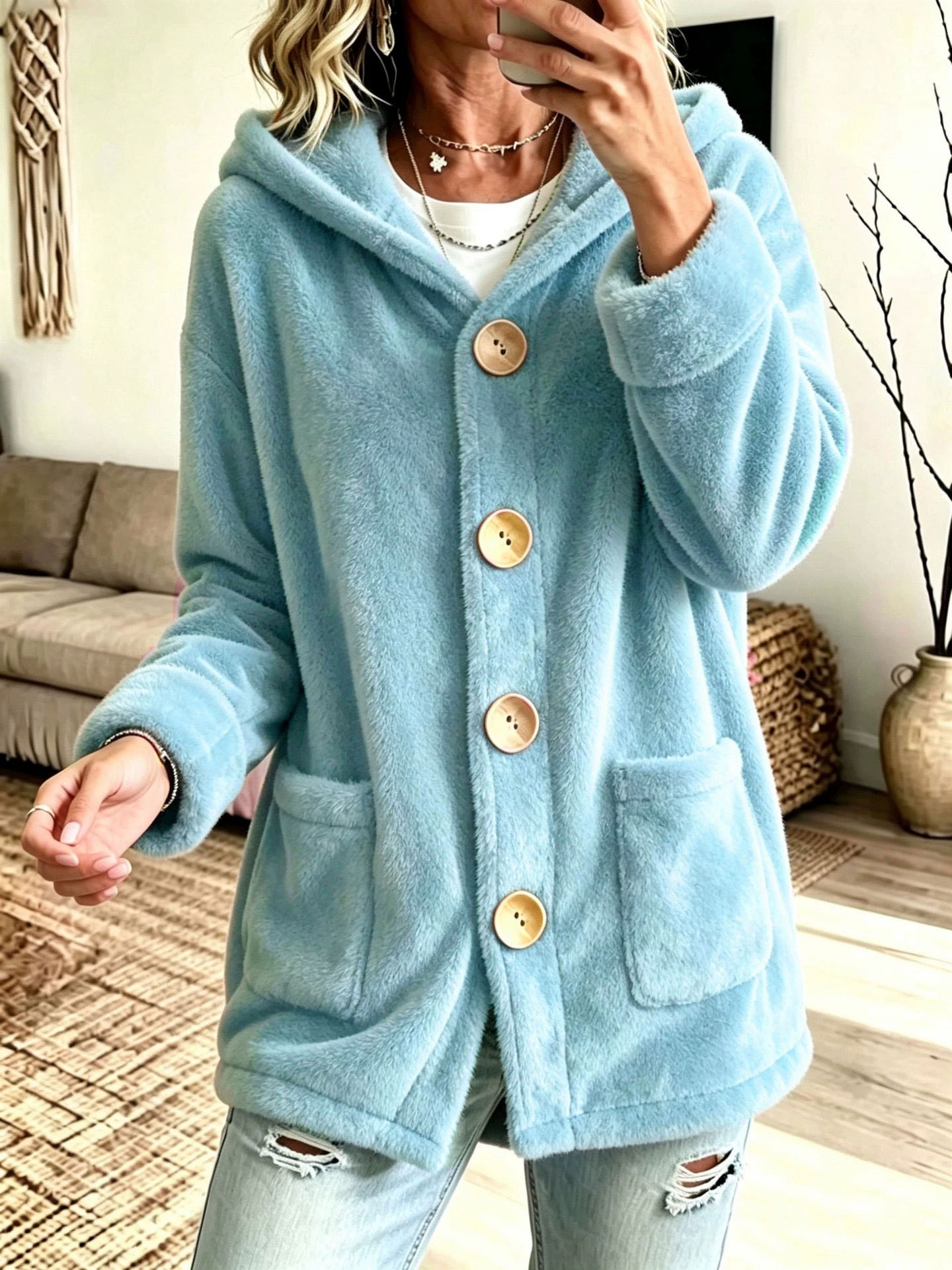 Hooded Velvet Outerwear Loose-fitting Cardigan Top photo 3