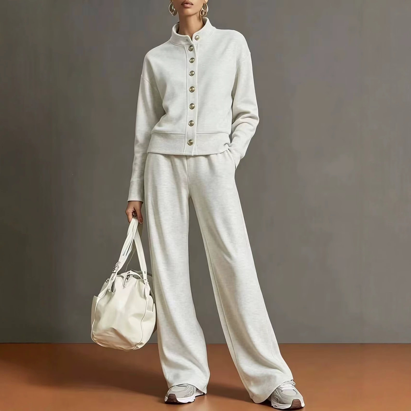 Stand-collar Cardigan And Wide-leg Pants Set photo 1
