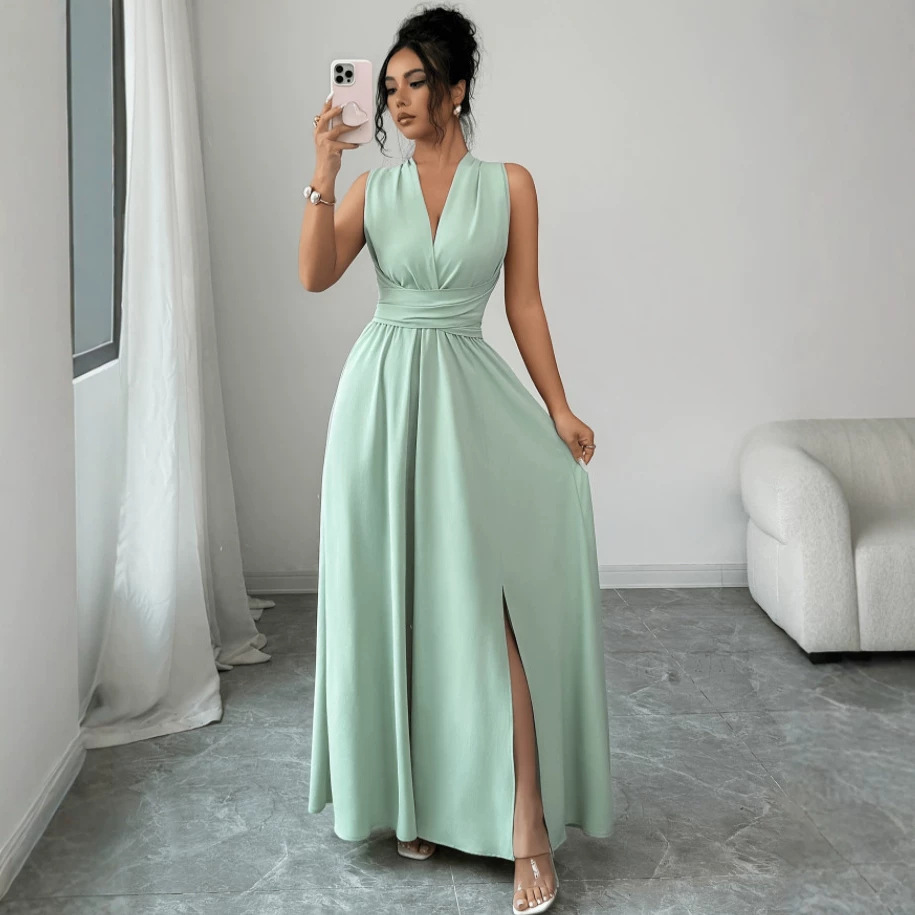 Elegant Solid-Color V-Neck Bow Long Dress For Women photo 4