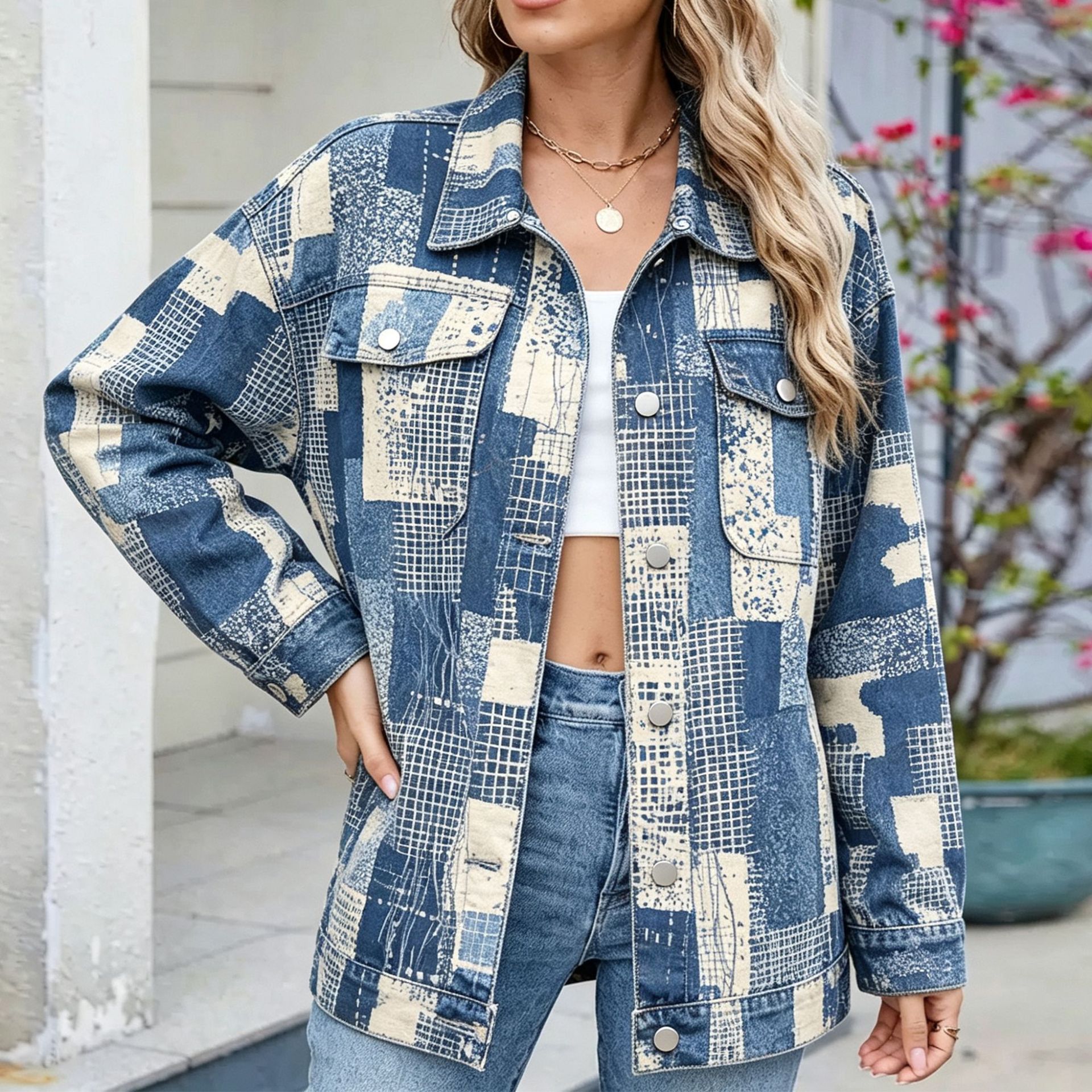 Women's Denim Jacket With All-Over Plant Print photo 5