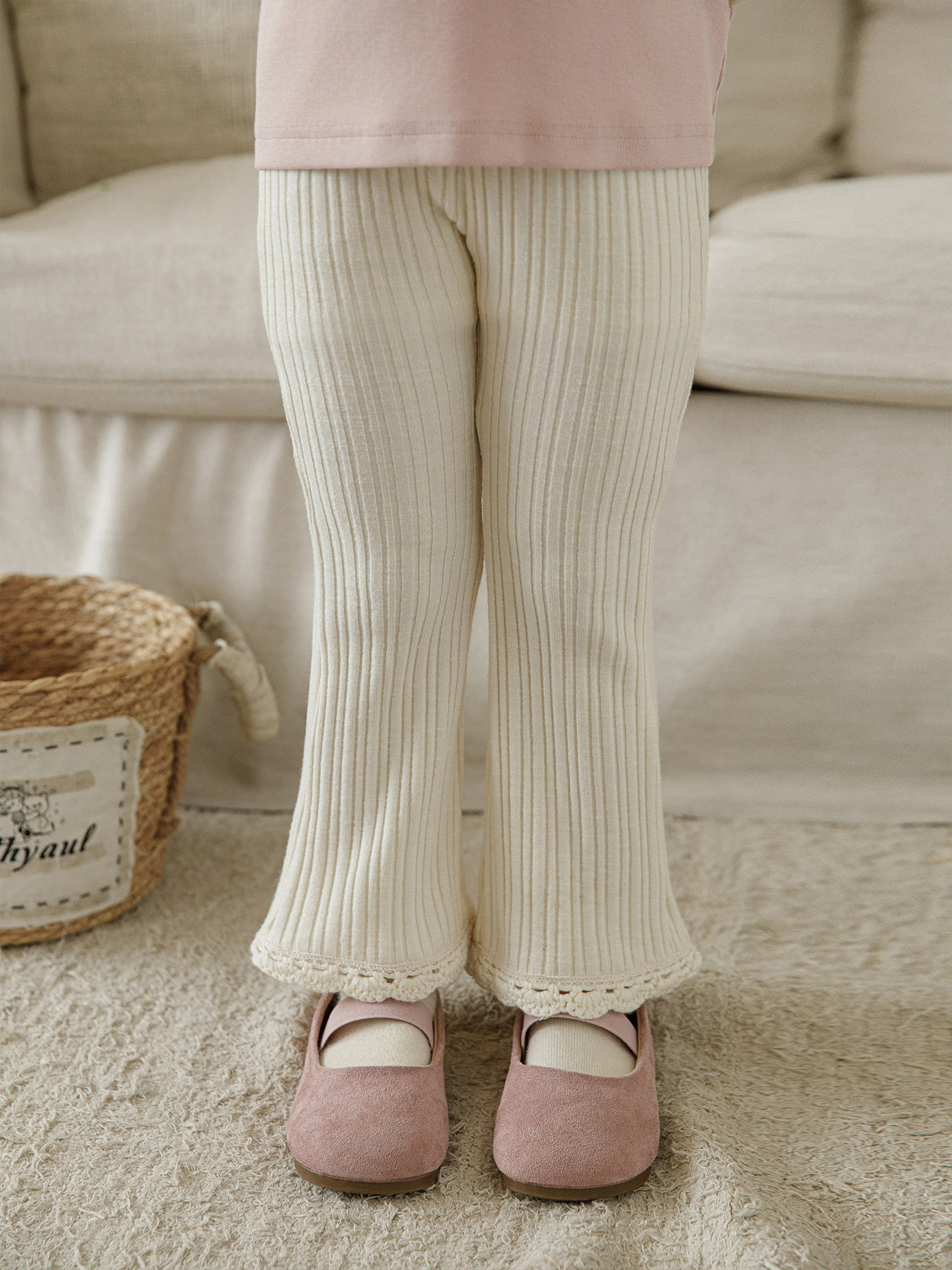 Versatile Girls Ribbed Flared Pants With Lace Trim photo 5