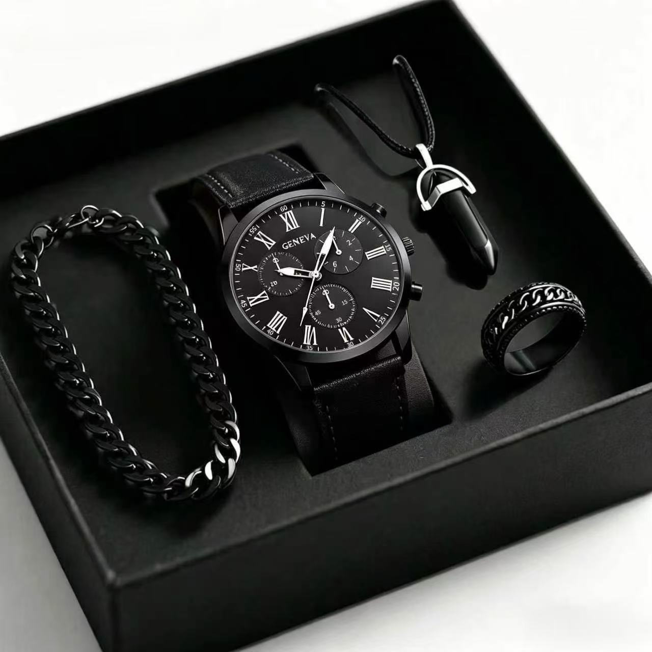 Mens Quartz Watch Necklace Bracelet Set photo 3