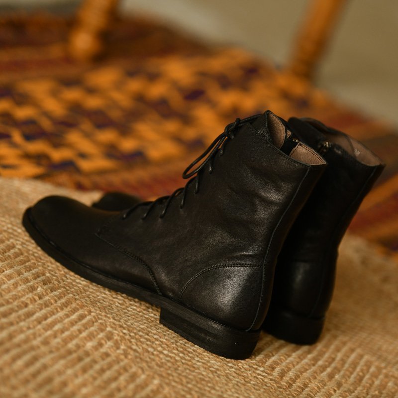 Womens Round-toe Thick-soled Ankle Boots In Washed Pebble-grain Leather photo 6