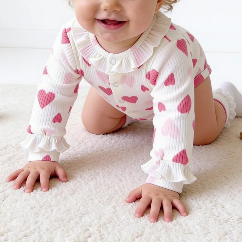 Baby Girl Cotton Ribbed Romper With Heart Print photo 2