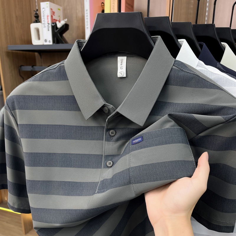 Men's Youth Striped Lapel Pocket Fashion Short Sleeve T-shirt photo 7