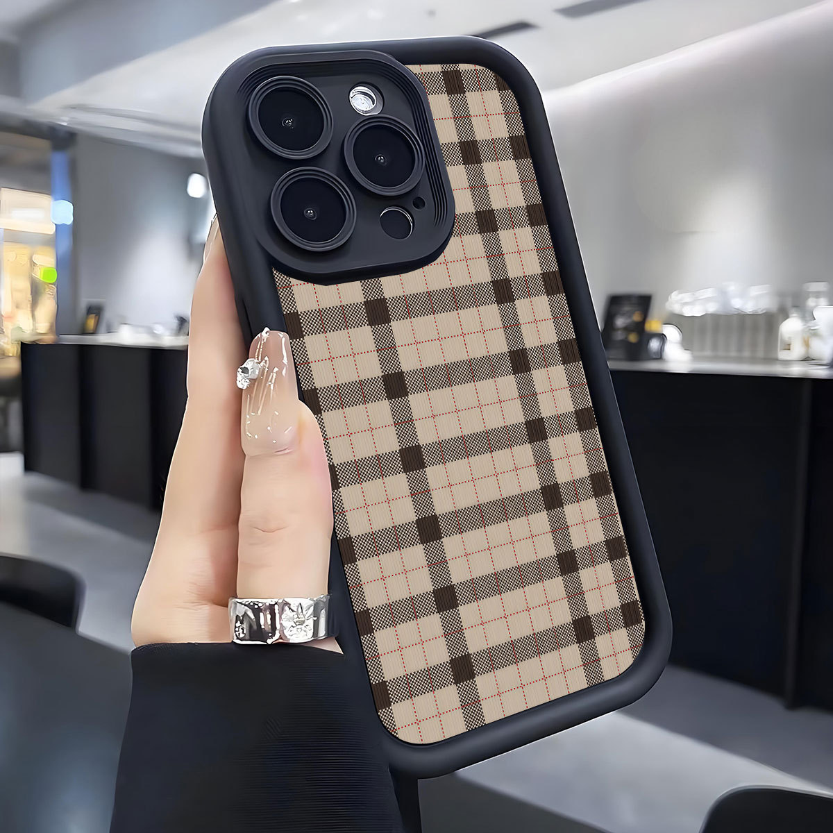 Coffee-colored Checkered Stepped Black-grooved Phone Case Protector photo 2