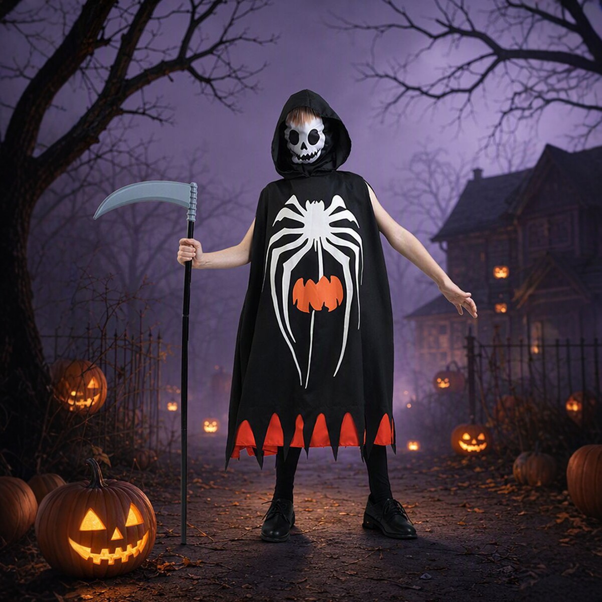 Halloween Party Costume Kids Cloak Pumpkin Spiderweb Skull Ghost Monster Cape photo 1