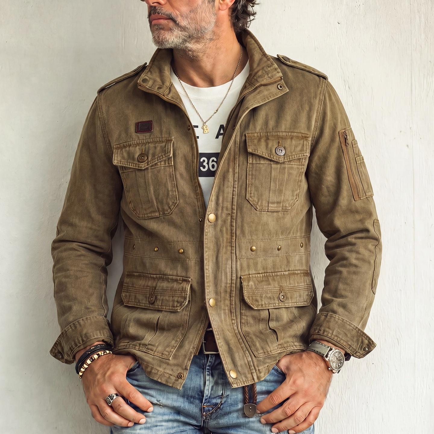 Workwear-style Loose-fitting Multi-pocket Men's Casual Cotton Jacket photo 1