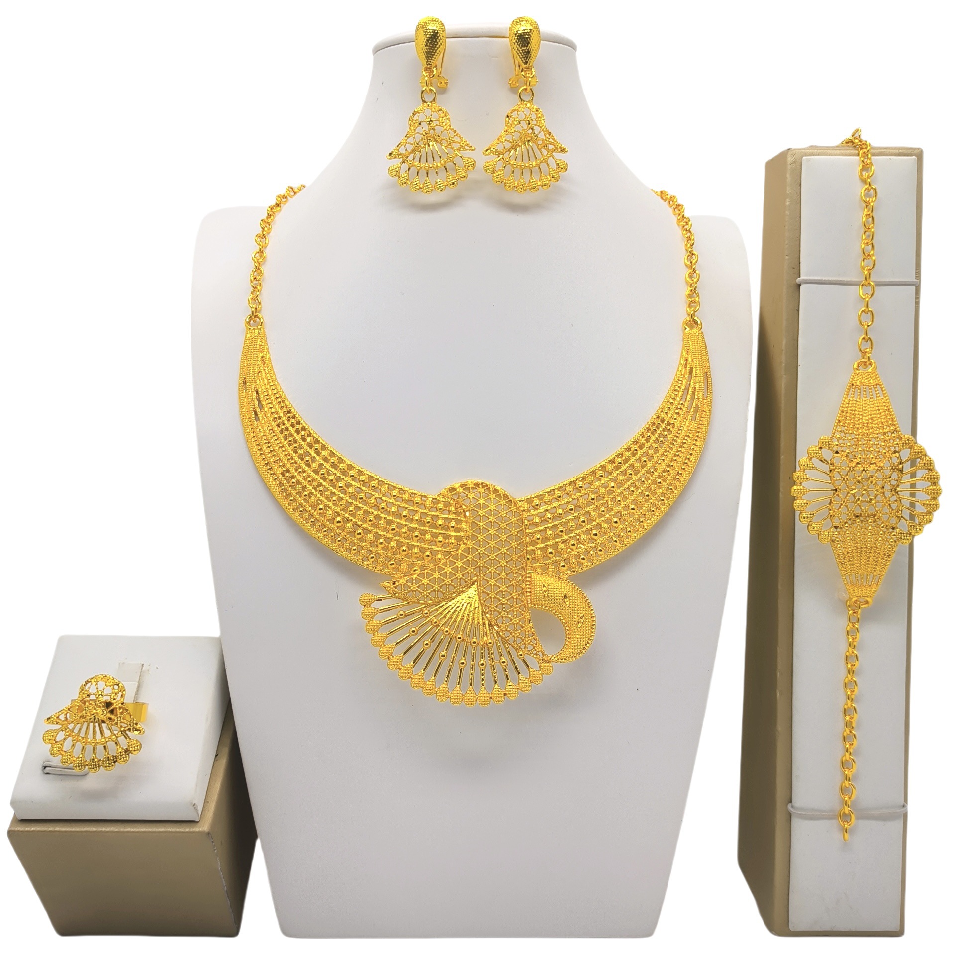 24K Gold Jewelry Suit Necklace Bracelet Earrings Four-piece Ring Set photo 4