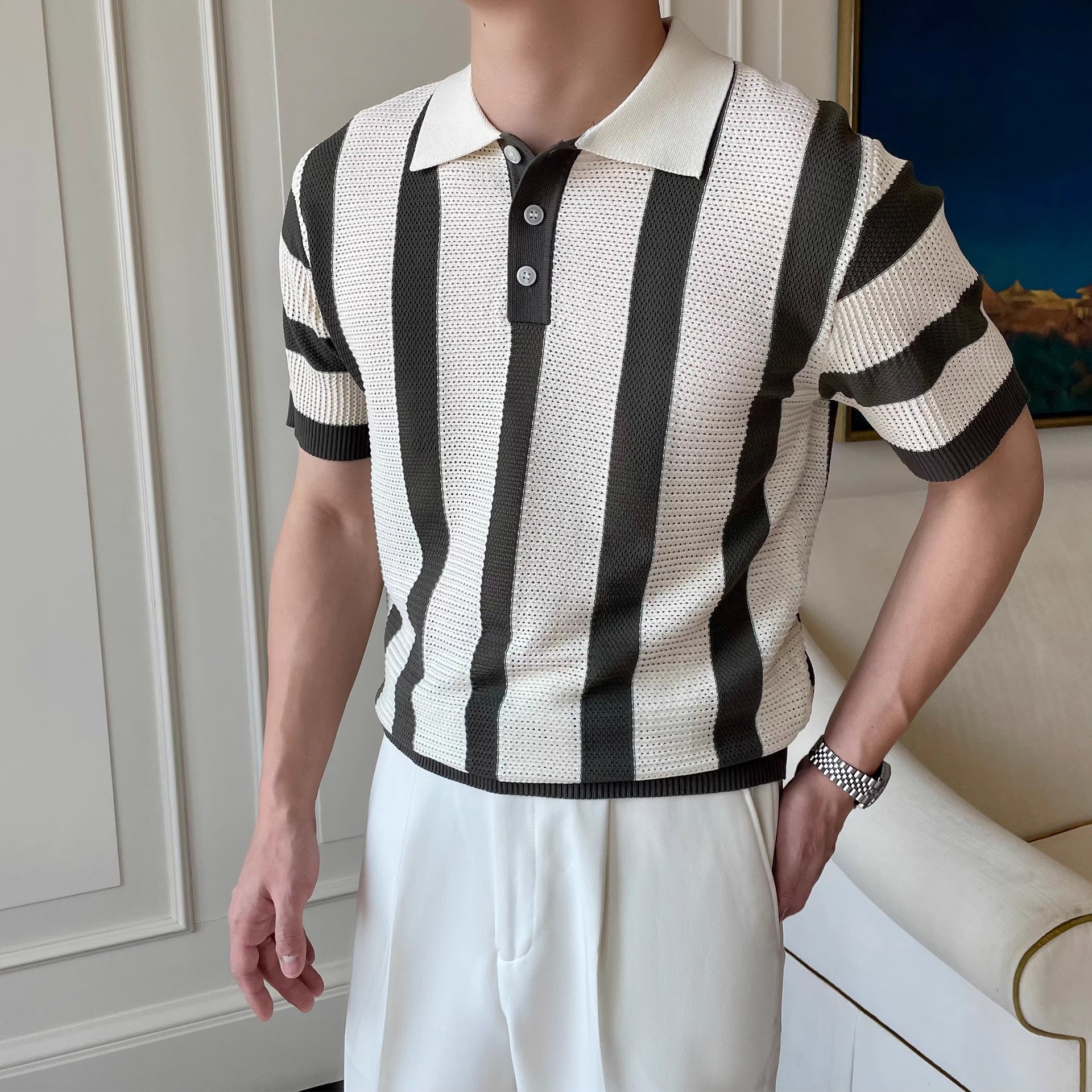 Striped Knitted Polo Shirt Men's Cool & Dashing Lapel T-Shirt photo 7