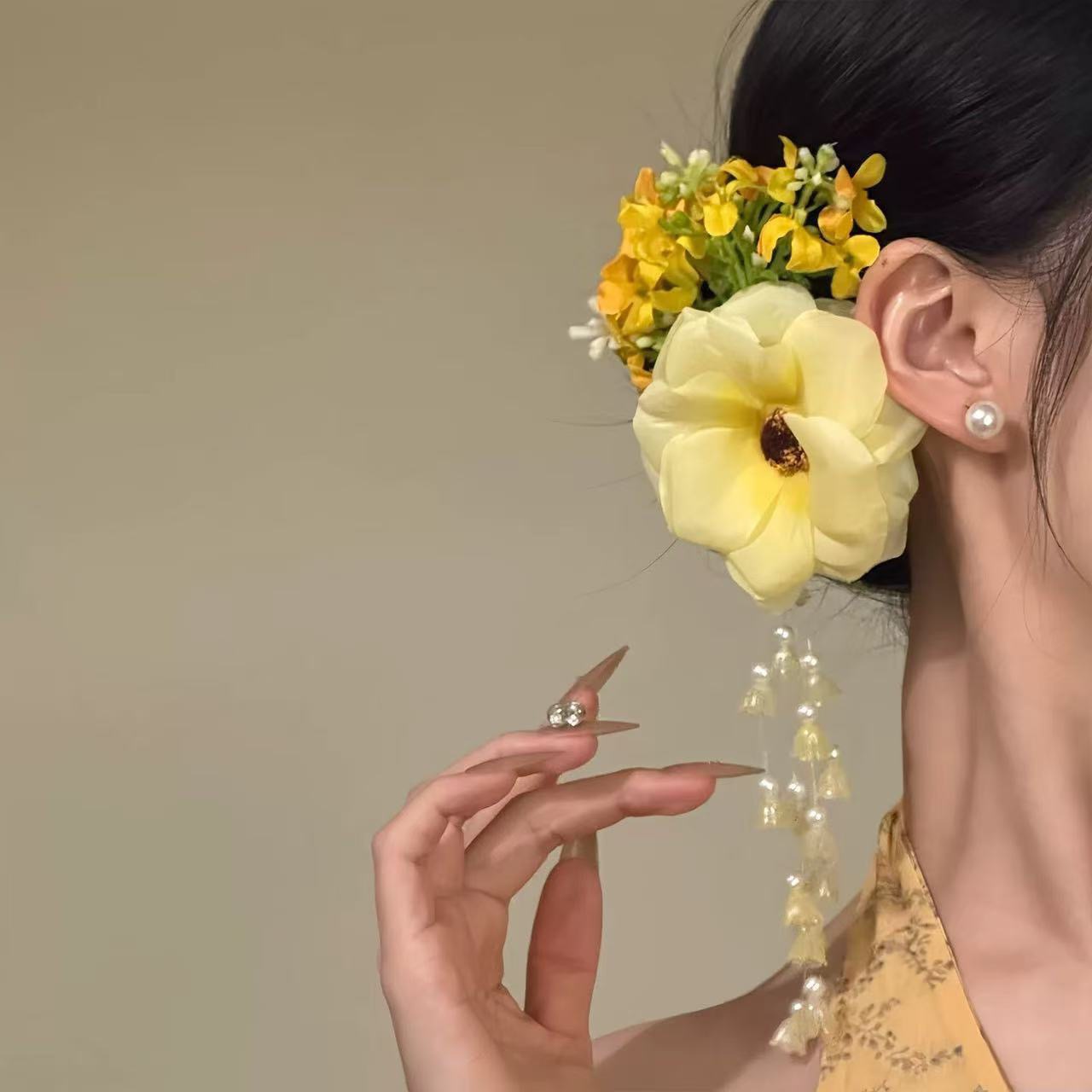 Super Fairy Pure Desire Yellow Atmosphere Pearl Linglan Tassel Side Clip Hair Accessories photo 2
