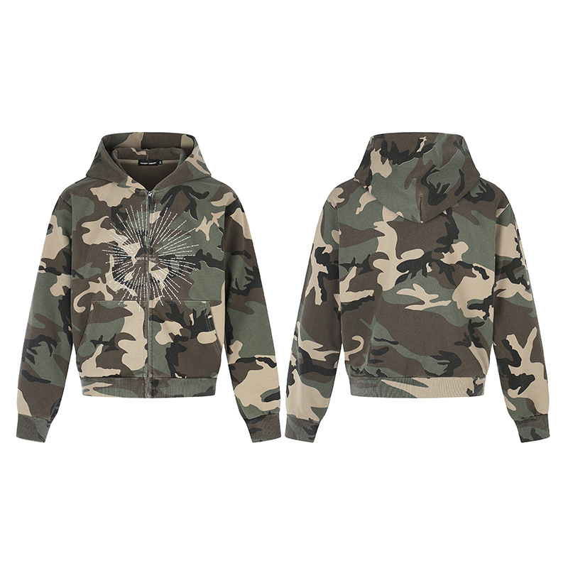American-style Vintage Camouflage-print Zip-up Cropped Hoodie photo 1