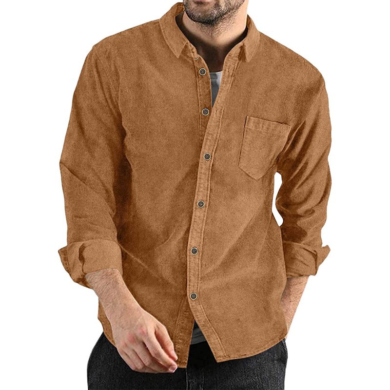 Corduroy Lapel-button Loose-fit Mens Long-sleeve Shirt photo 3