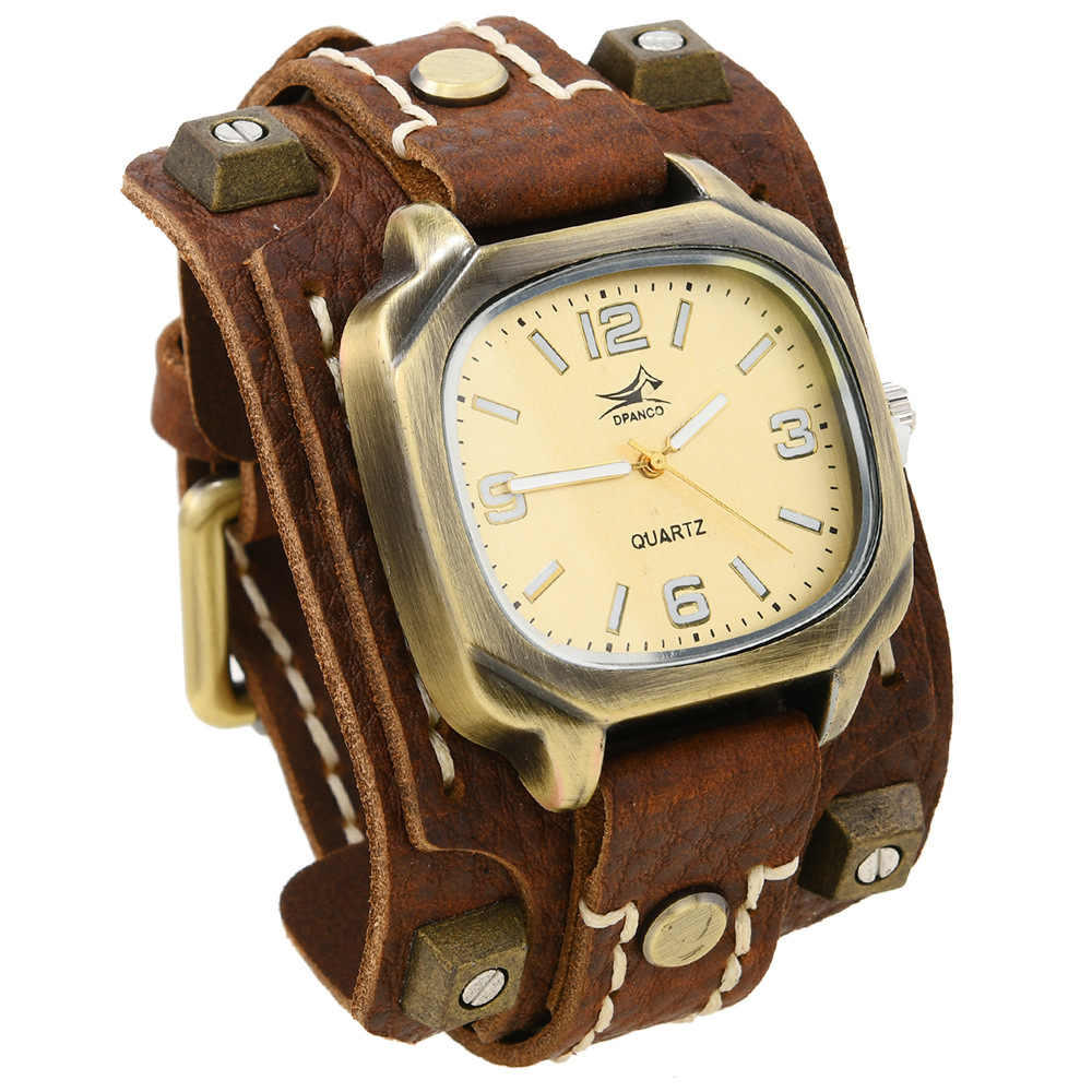 Vintage Studded Leather Watch Bracelet Adjustable Hand-stitched Cuff photo 6