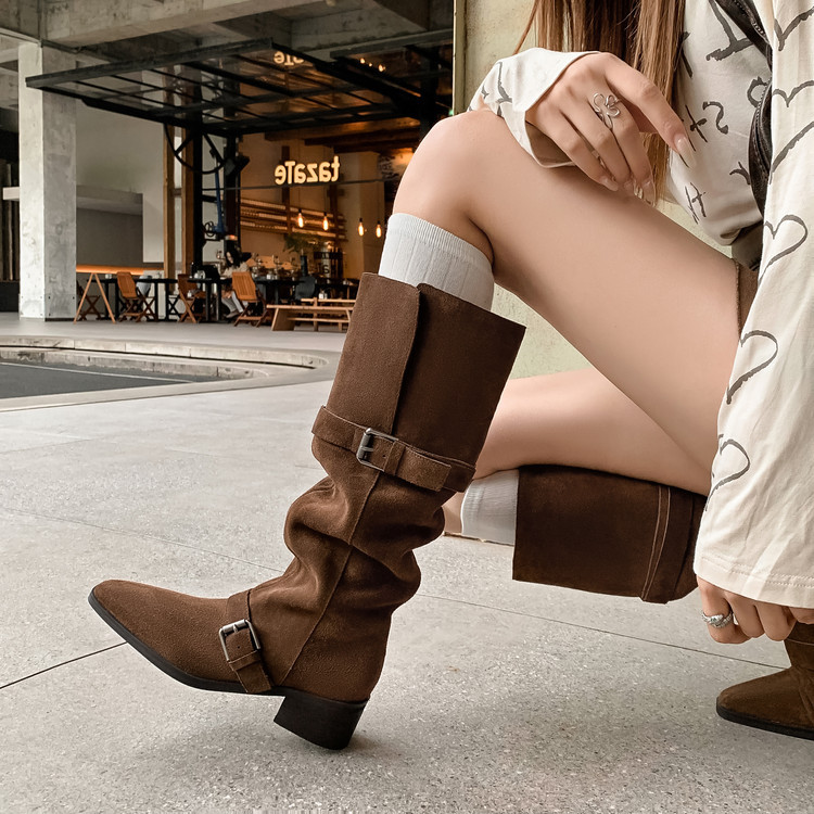 Women's Retro Cowhide Leather Belt-Clasp Chunky-Heel Western Cowboy Boots photo 8
