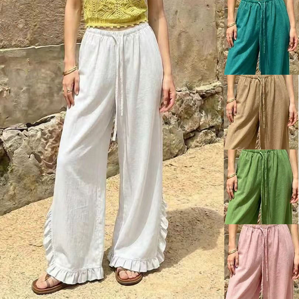 High Waisted Wide Leg Trousers With A Draped Ruffled Hem Casual Long Pants photo 1