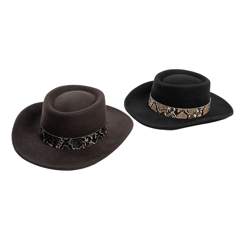 Wool Top With Snake-pattern Trim Felt Hat Pork Pie Cap Wide-brimmed Winter Hat photo 5
