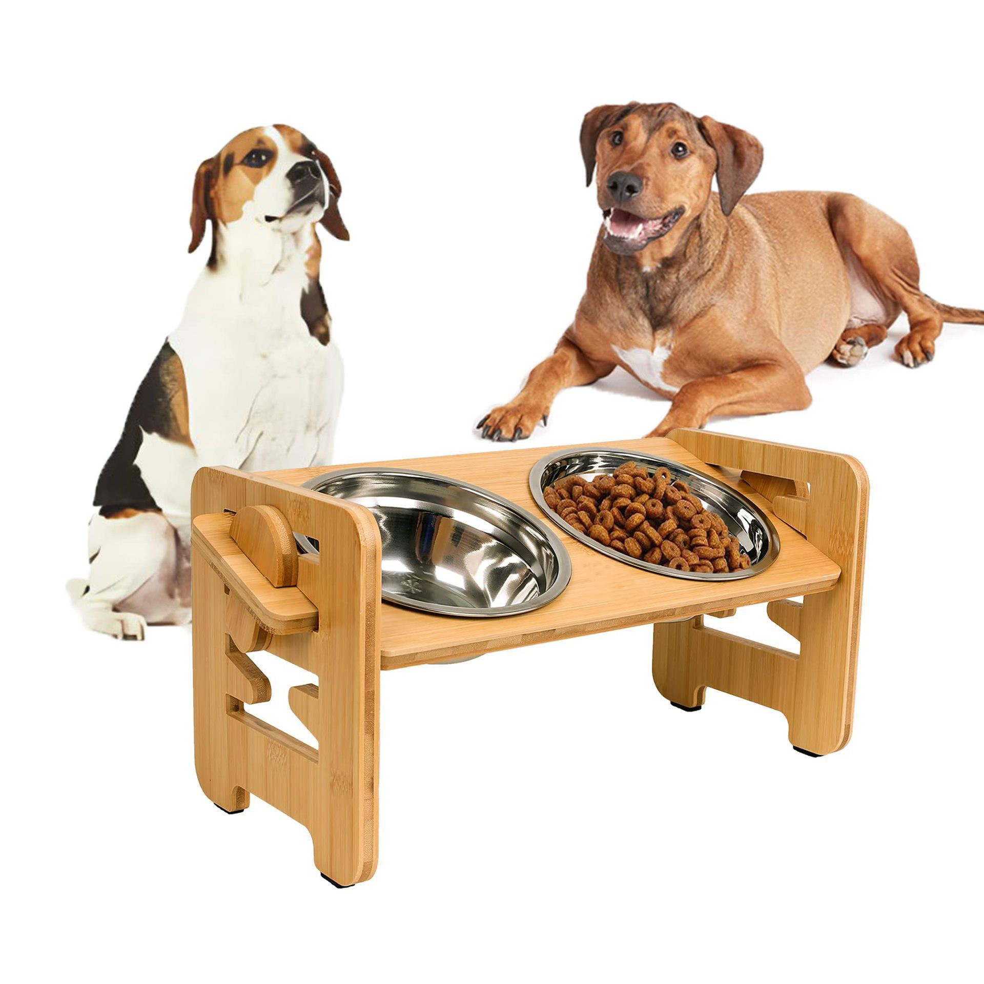 Bamboo And Wood Cat And Dog Bowl Rack, Pet Double-bowl Food And Water Bowls, For Small To Medium-sized Pets photo 1