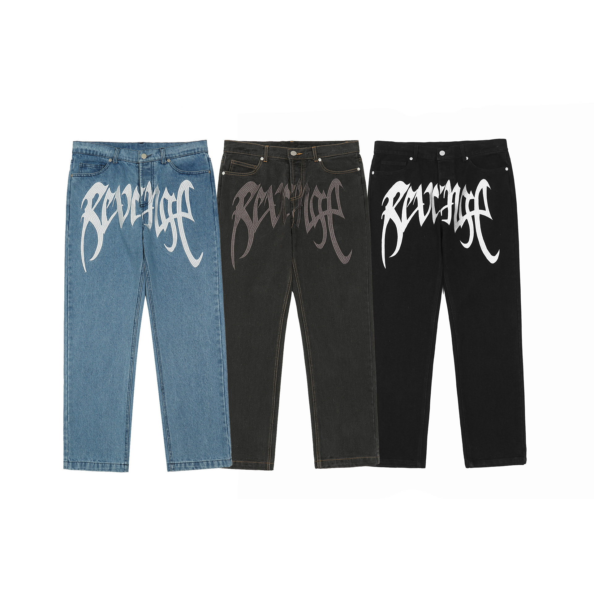 Printed Denim Pants, Trendy Casual Loose-fit Straight-leg Trousers For Men photo 1