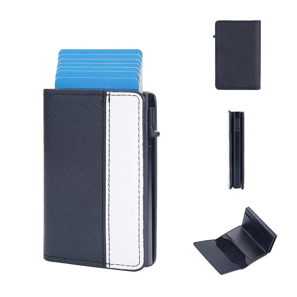 Leather Patchwork Color-block Side-push Anti-magnetic Anti-theft Card Holder photo 6