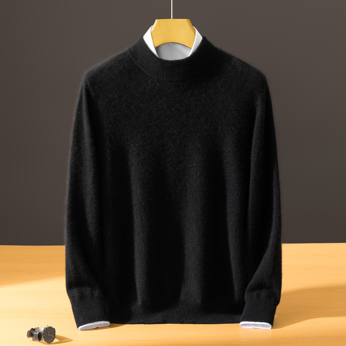 Men's Semi-High-Neck Solid Color Innerwear Cashmere Sweater photo 3
