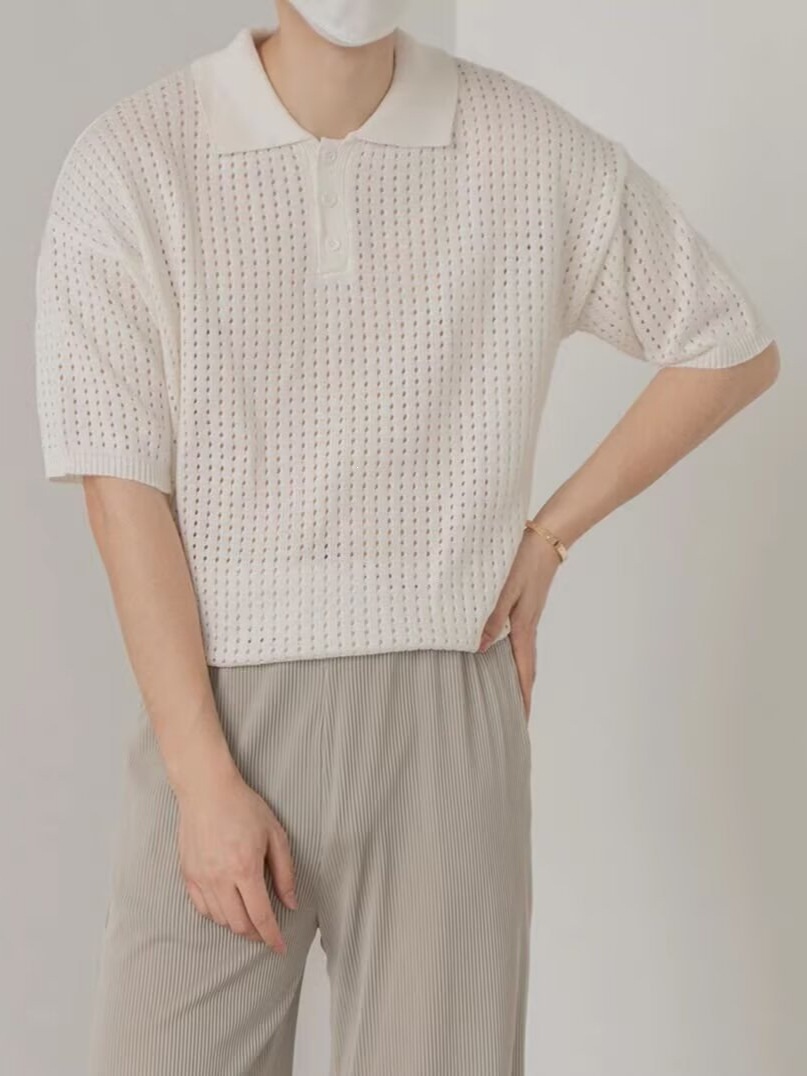 Mens Retro Solid-Color Half-Sleeve Lapel T-Shirt photo 5