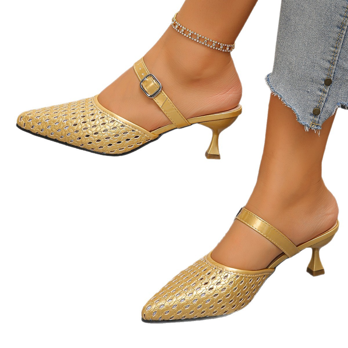 Braided Open-toe Half-slipper Fashionable High-heeled Slip-on For Outdoor Wear photo 2