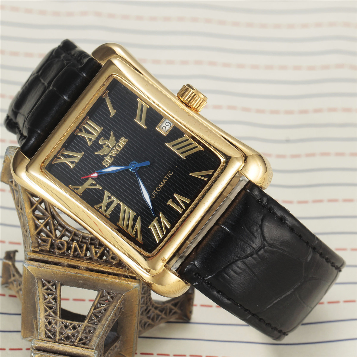 Mens Automatic Mechanical Square-case Leather-strapped Mens Watch Calendar Wristwatch photo 4