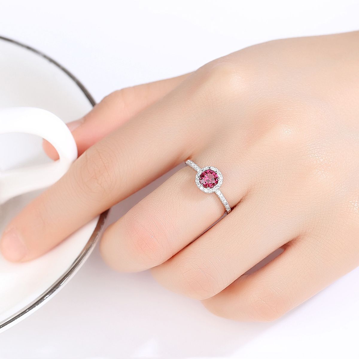 925 Silver Single-Row Diamond Ruby Ring For Women photo 5