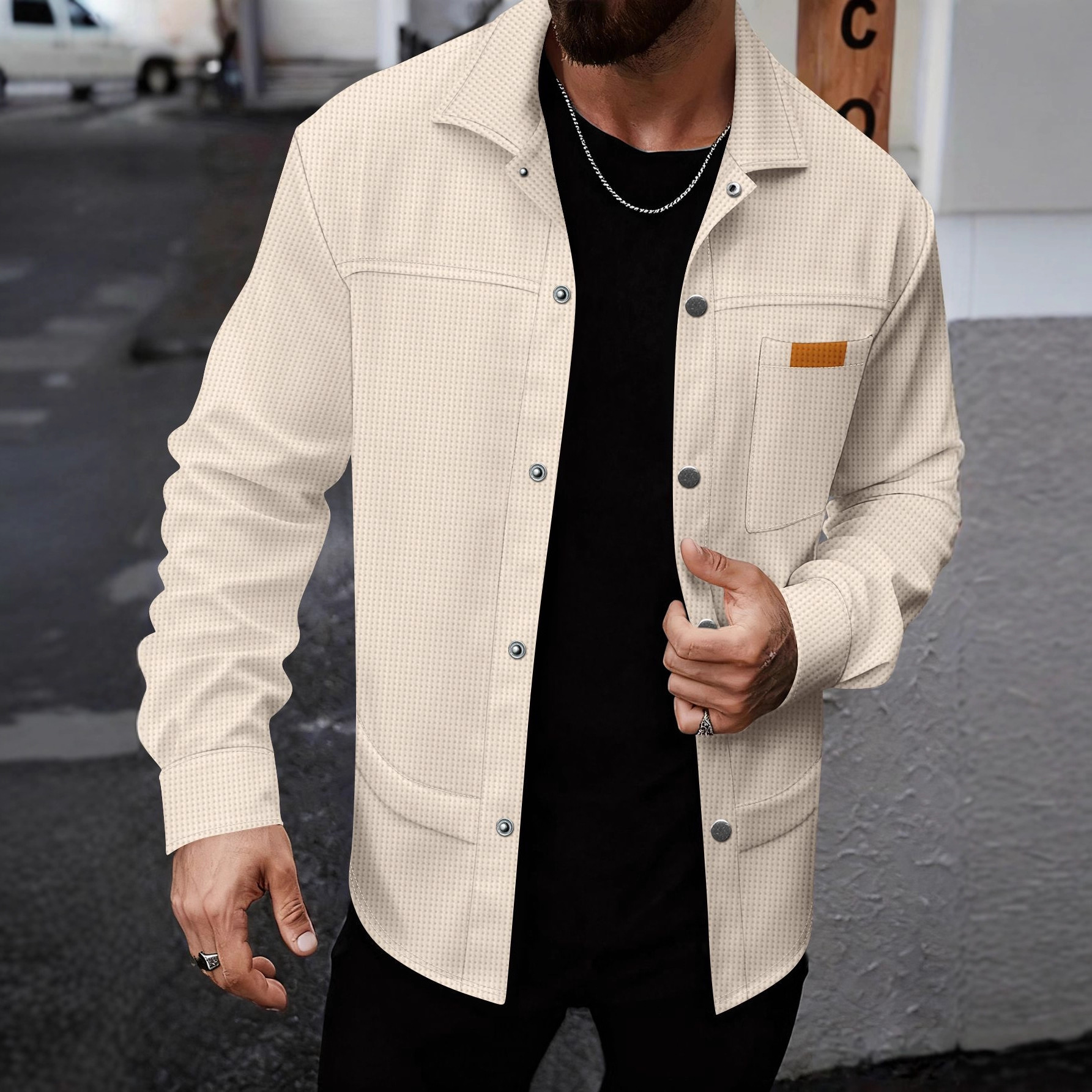 Solid-color Lapel-pocket Button-front Workwear Casual Long-sleeved Shirt photo 3
