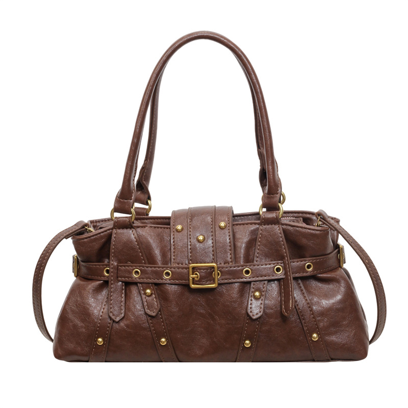 Womens Shoulder Bag With A Locomotive-style Belt Rivets And Metal Buckle photo 5