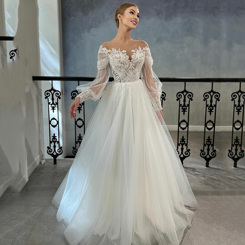 One-shoulder Long-sleeved Waist-cinching Figure-flattering Ball Gown Bridal Wedding Dress photo 1