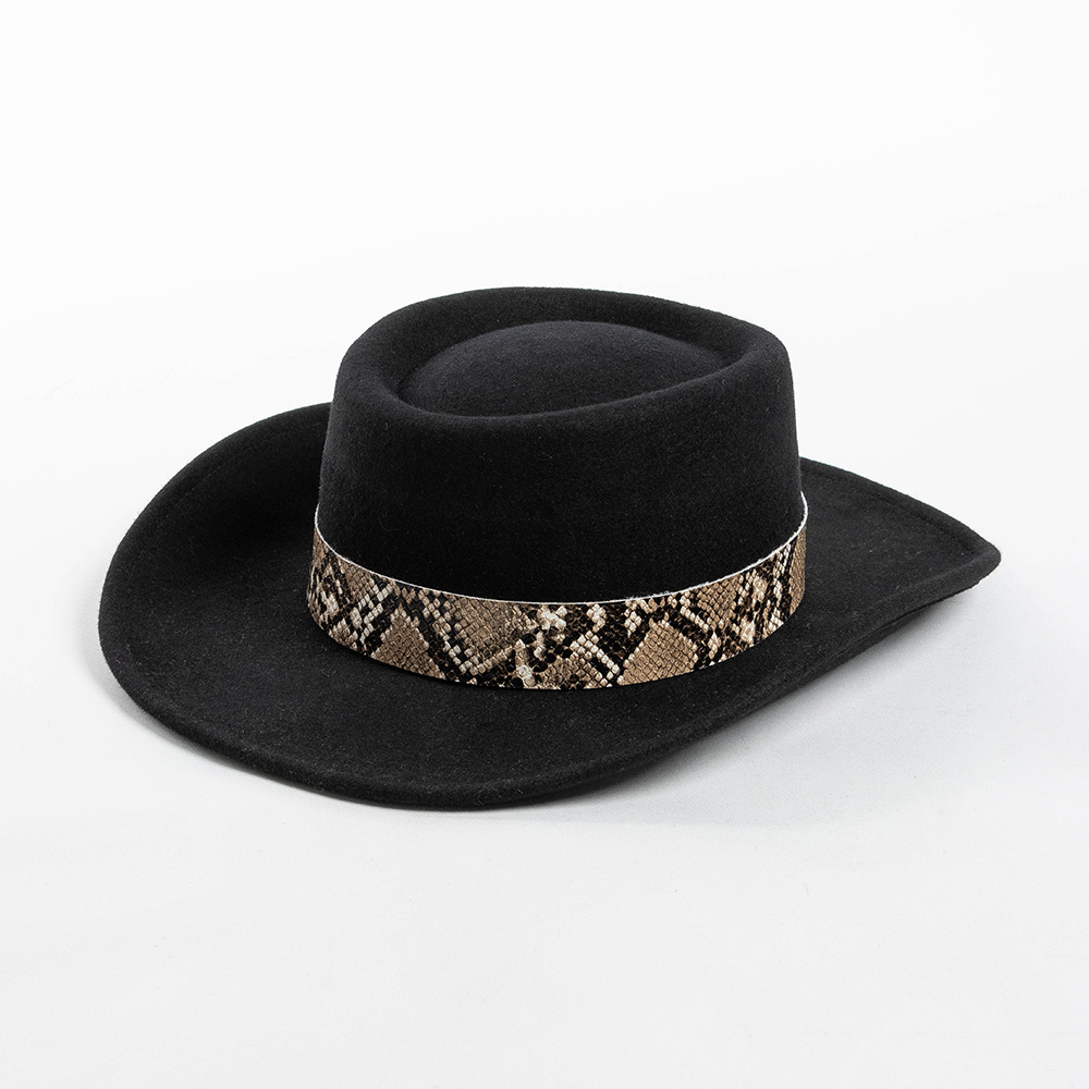 Wool Top With Snake-pattern Trim Felt Hat Pork Pie Cap Wide-brimmed Winter Hat photo 1