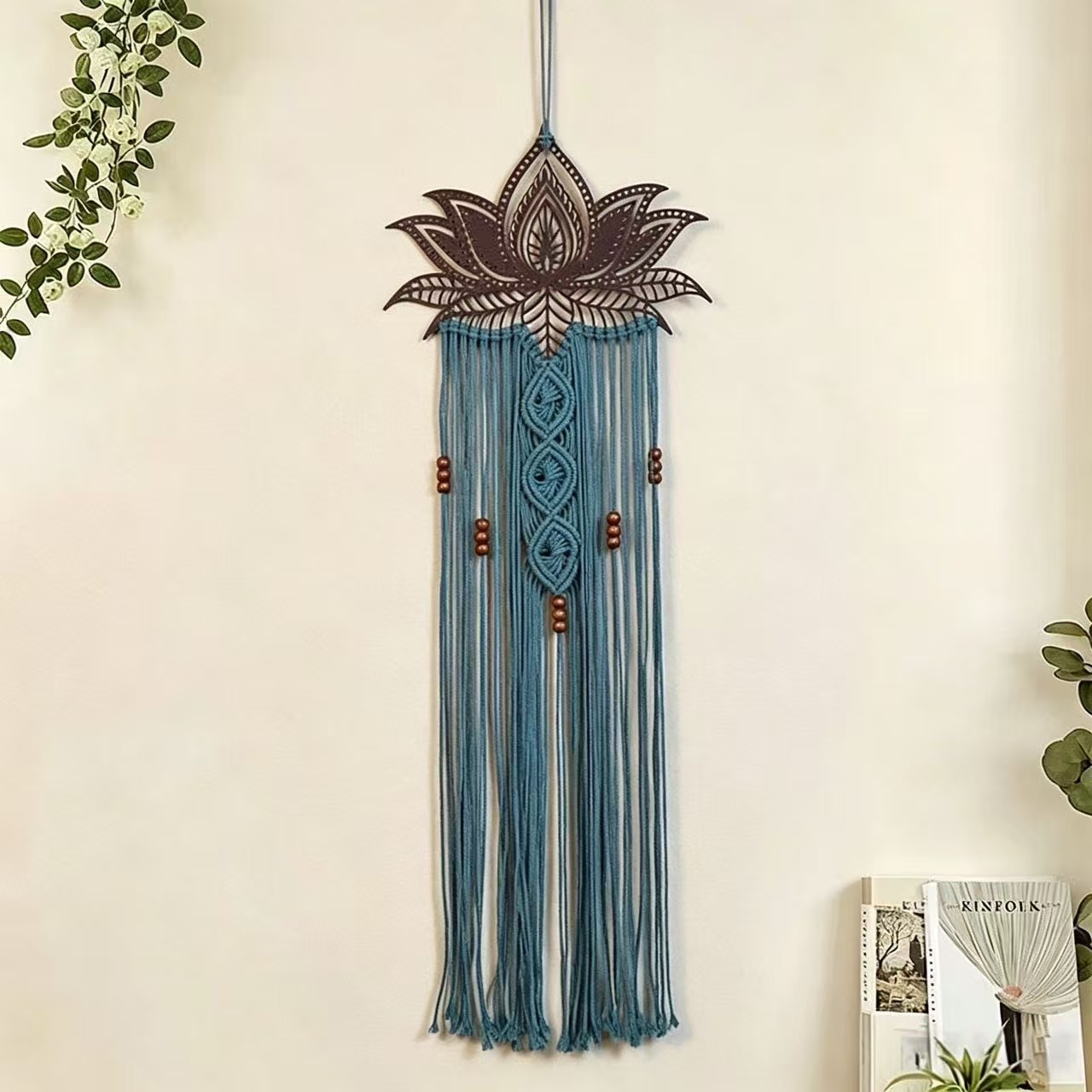 Bohemian Lotus Woven Iron Tapestry with Tassels - Handmade Cotton Rope Wall Hanging for Living Room and Guesthouse Decor photo 1