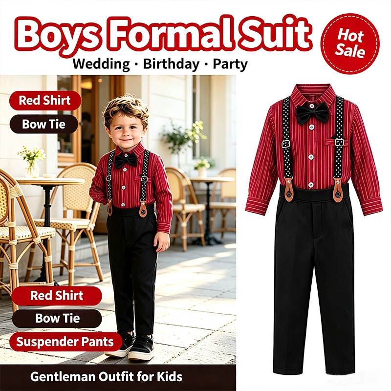 Boy's Gentleman-style Set Red Shirt Bow Tie And Suspender Pants photo 4