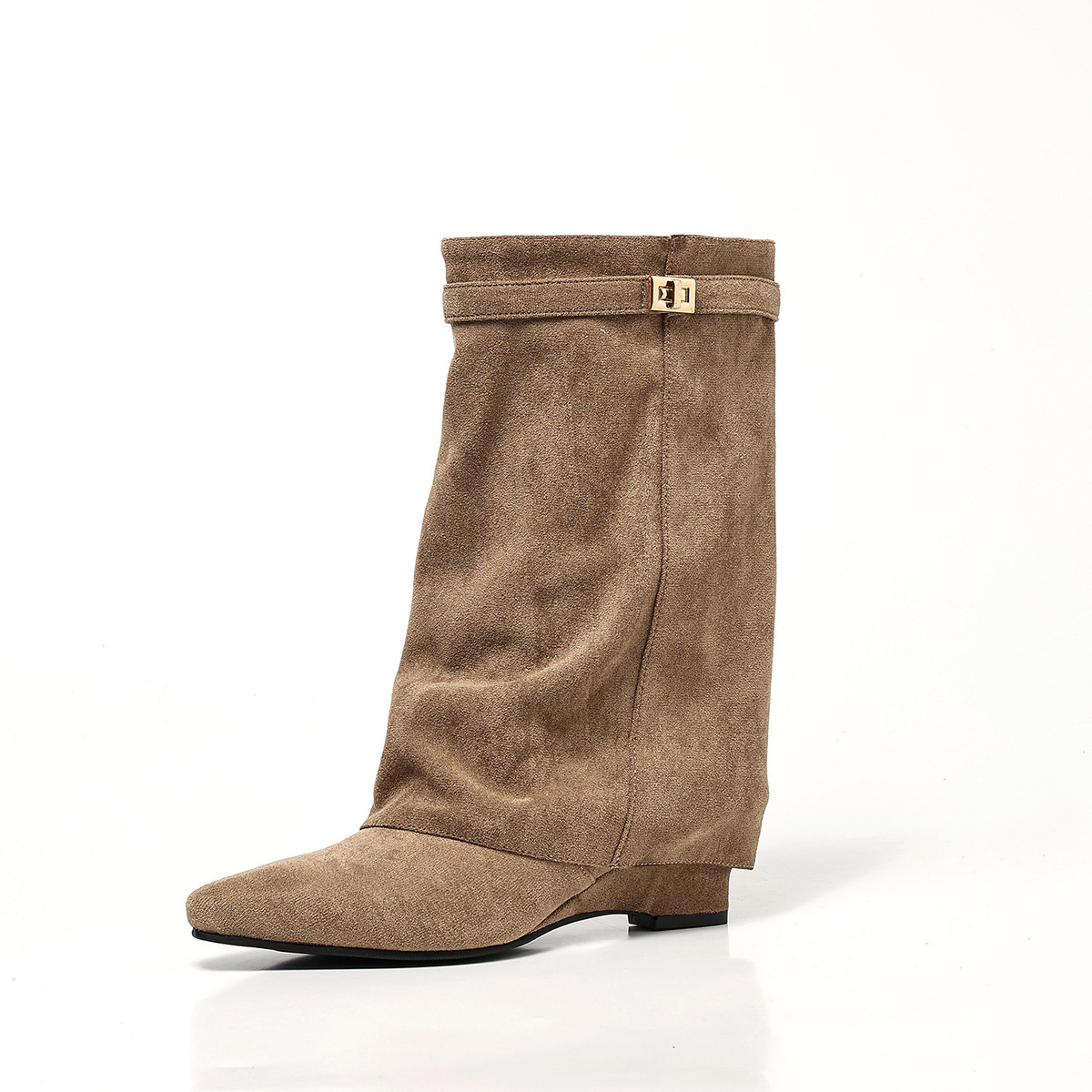 European And American-style Suede High-heeled Boots With A Tapered Leg Metal Buckles Pointed Toe And Pleated Detailing photo 4