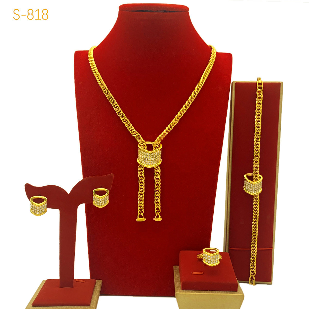 Best-selling Dubai Bride 24k Gold-plated Necklace Bracelet Earring Ring Four-piece Set photo 6