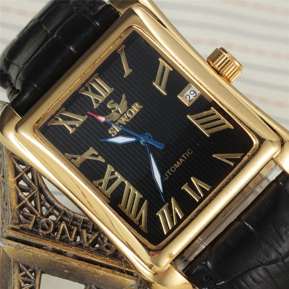Mens Automatic Mechanical Square-case Leather-strapped Mens Watch Calendar Wristwatch photo 7