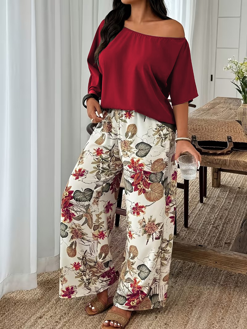 Casual Womens Set Featuring Plant And Floral Print Wide-leg Pants photo 6