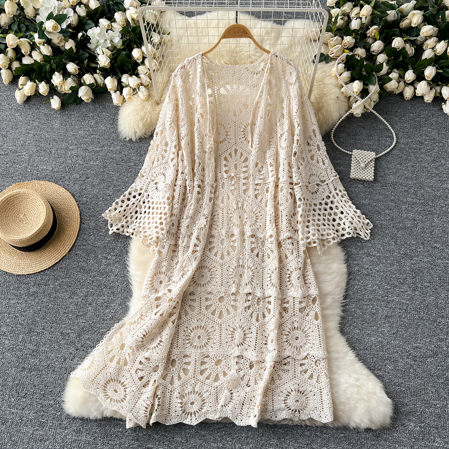 Versatile Slimming Hollow-out Crochet Knit Cardigan Womens Resort-style Outerwear Shawl photo 2