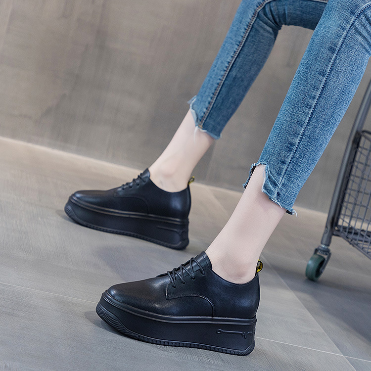 Women's Casual Leather Shoes With Thick Platform Soles And Lace-up Design photo 1