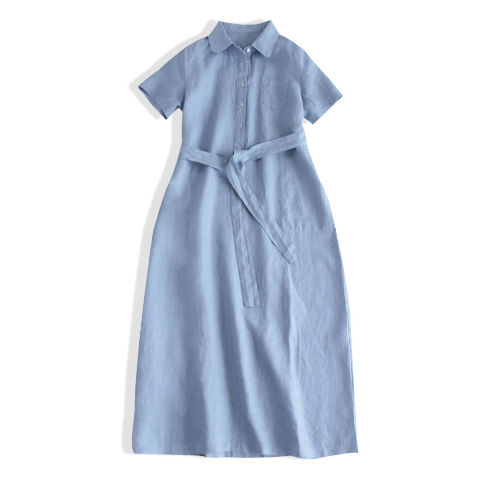 A-line Long Tie-front Solid-color Shirt Dress Women's photo 7
