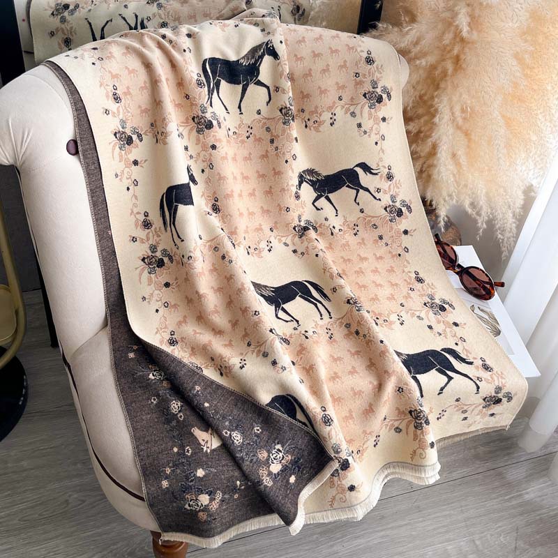 Vintage Floral And Galloping Horse Jacquard Tassel Scarf photo 7