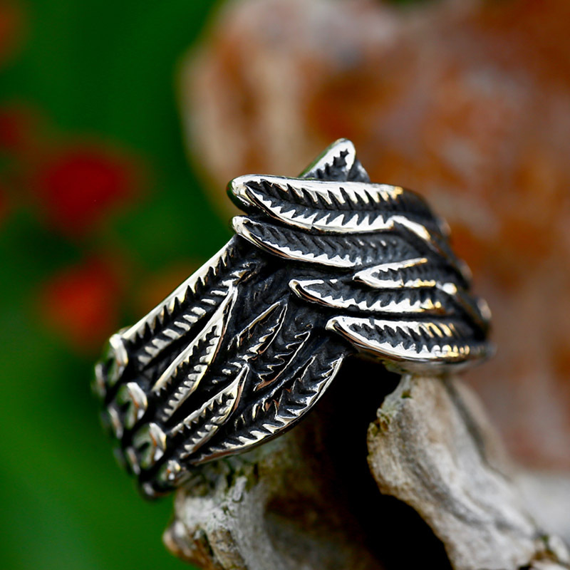 Retro Personality Feather Titanium Steel Ring photo 3