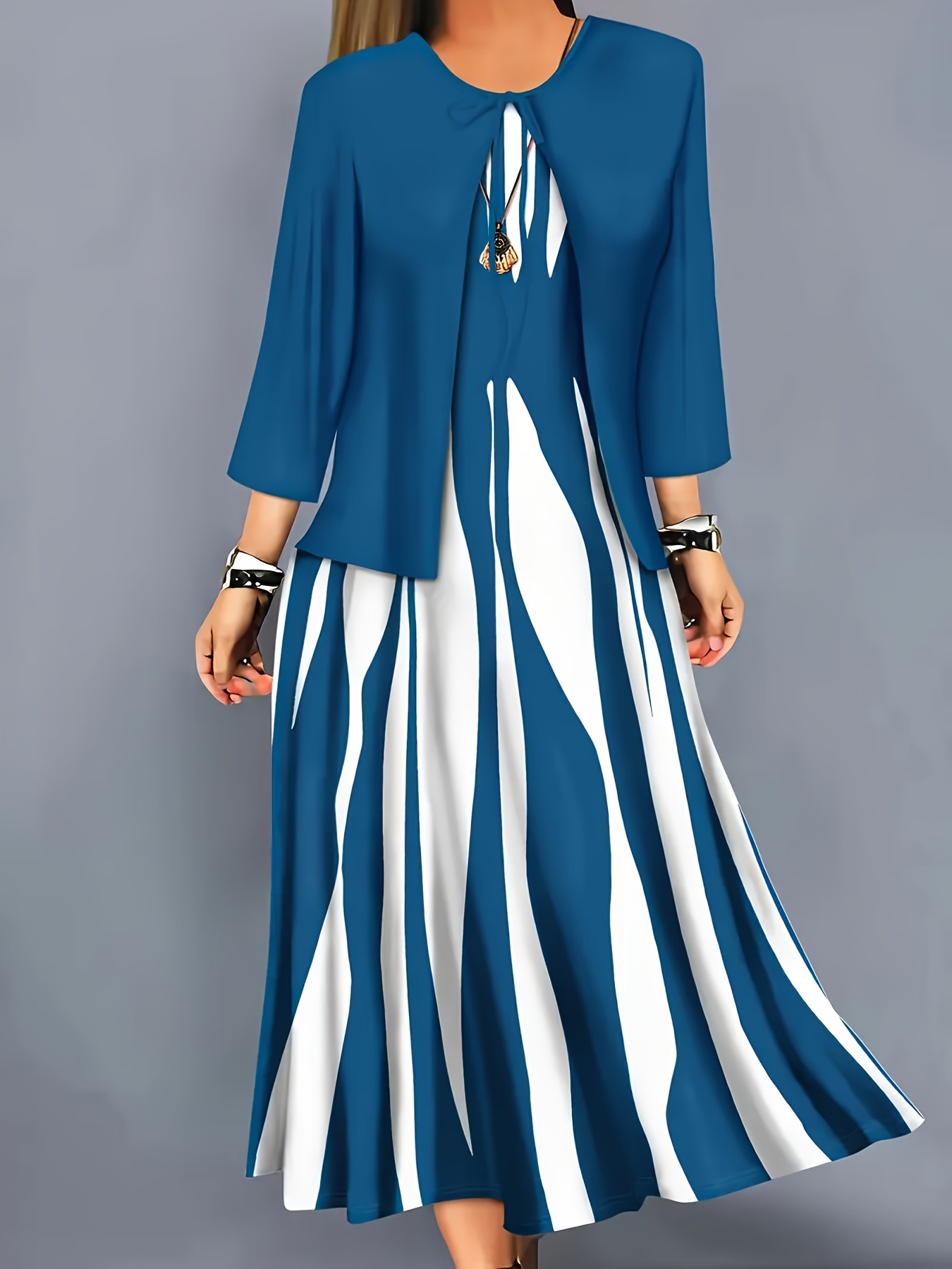 Seven-quarter-sleeve Dress With Shawl Vintage-style Elegant Set photo 3