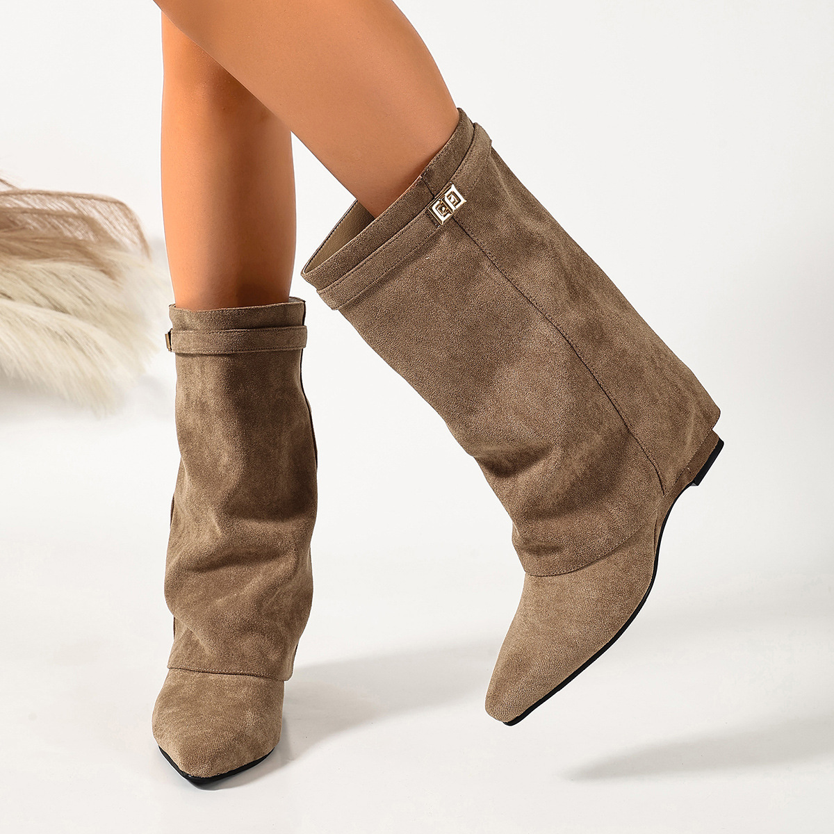 European And American-style Suede High-heeled Boots With A Tapered Leg Metal Buckles Pointed Toe And Pleated Detailing photo 2
