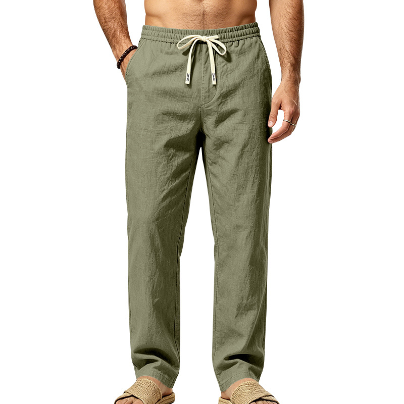 Mens Straight Leg Solid Color Casual Linen Pants With Drawstring And Elastic Waist photo 5